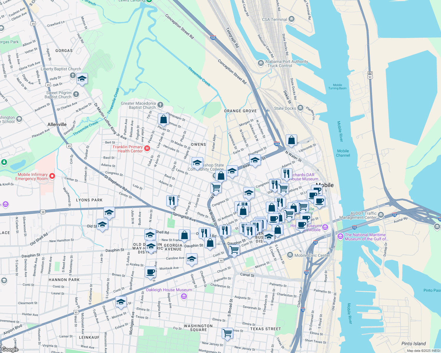 map of restaurants, bars, coffee shops, grocery stores, and more near 505 Doctor Martin Luther King Junior Avenue in Mobile