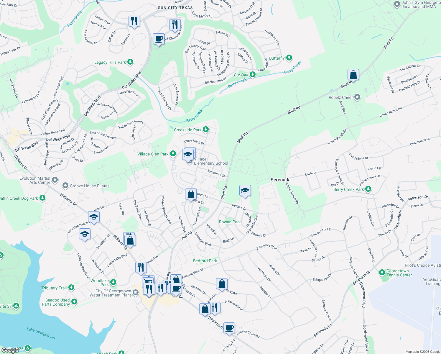 map of restaurants, bars, coffee shops, grocery stores, and more near 201 Sycamore Street in Georgetown