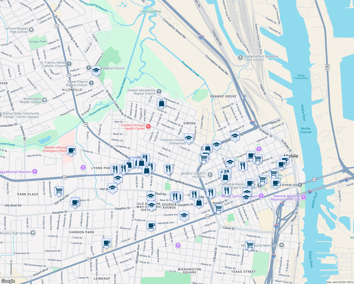 map of restaurants, bars, coffee shops, grocery stores, and more near 406 Gaston St in Mobile