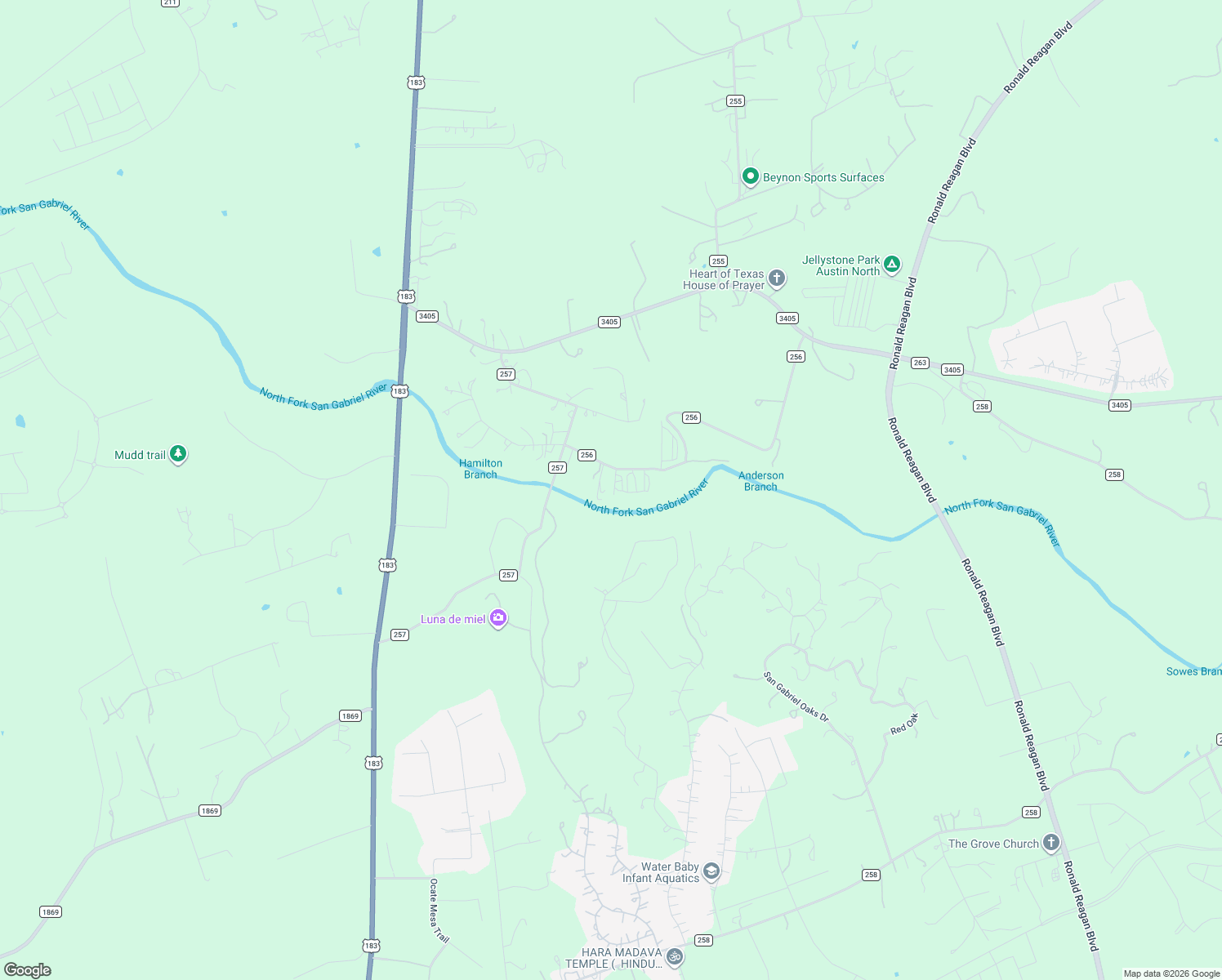 map of restaurants, bars, coffee shops, grocery stores, and more near 1095 County Road 256 in Liberty Hill