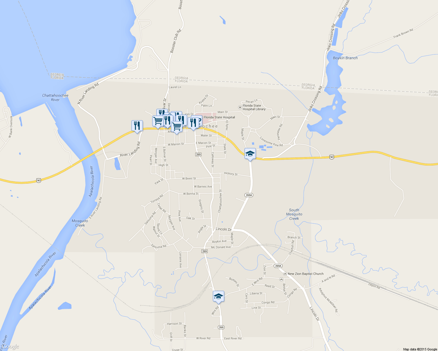 map of restaurants, bars, coffee shops, grocery stores, and more near 15 East Brent Street in Chattahoochee