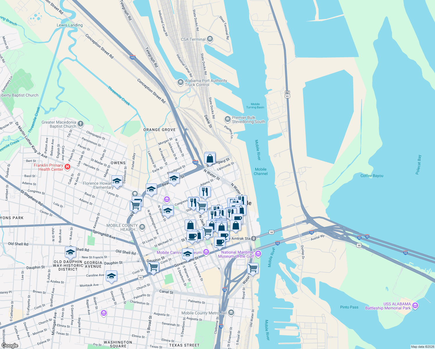 map of restaurants, bars, coffee shops, grocery stores, and more near 350 N Water St in Mobile