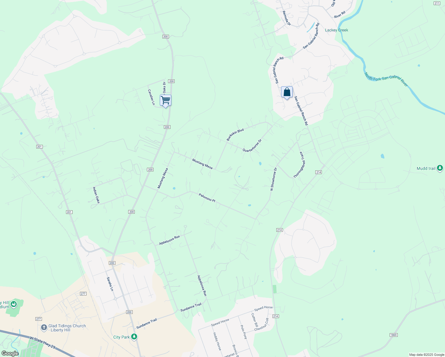 map of restaurants, bars, coffee shops, grocery stores, and more near 476 Mustang Mesa in Liberty Hill