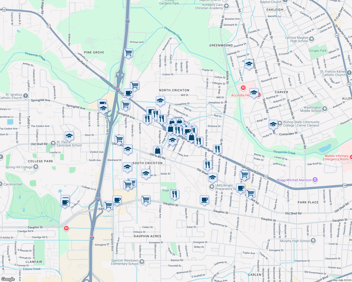 map of restaurants, bars, coffee shops, grocery stores, and more near 207 Hemley Ave in Mobile
