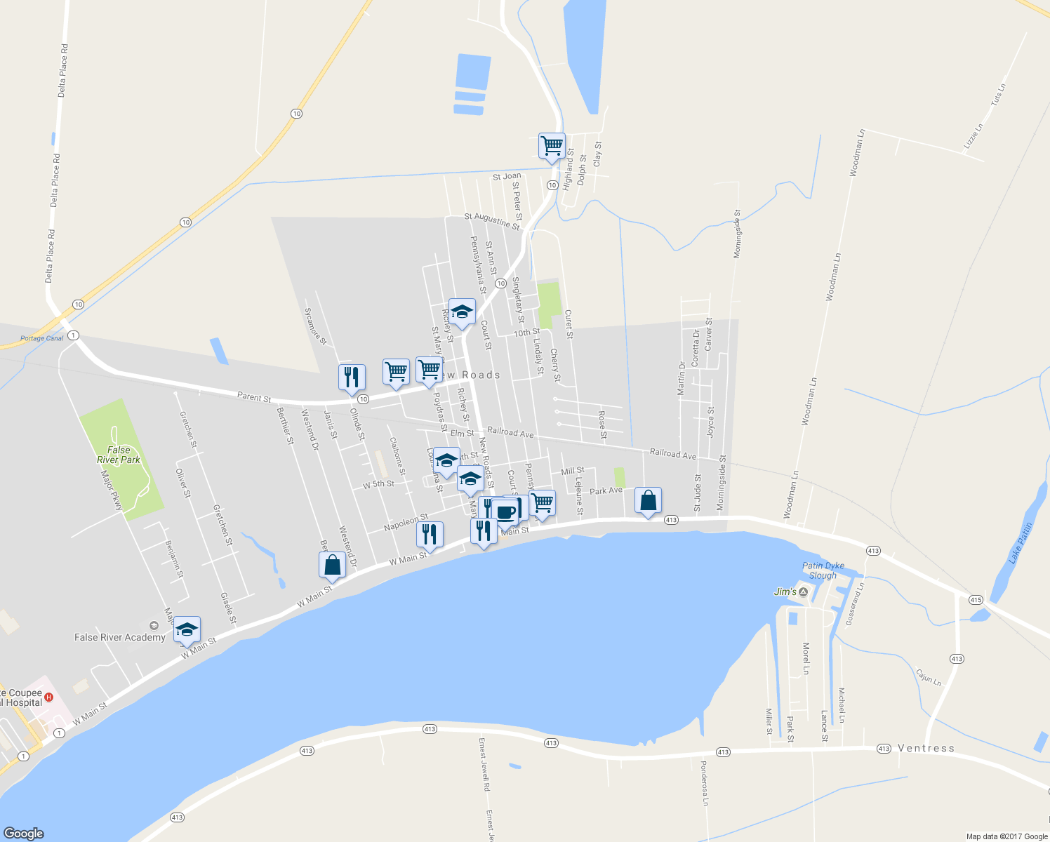 map of restaurants, bars, coffee shops, grocery stores, and more near 614 Pennsylvania Street in New Roads