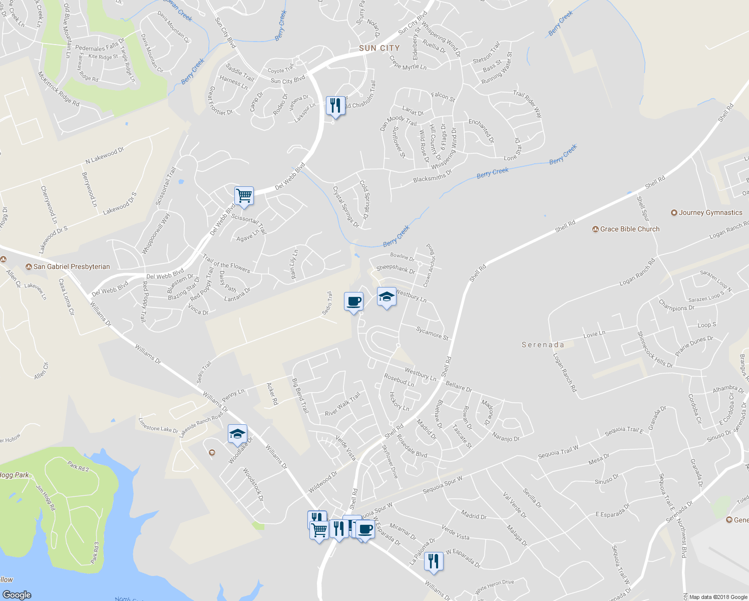 map of restaurants, bars, coffee shops, grocery stores, and more near 418 Westbury Lane in Georgetown
