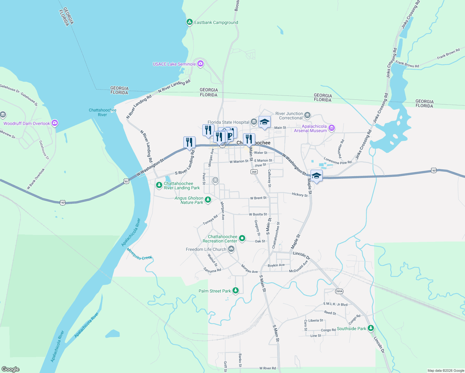 map of restaurants, bars, coffee shops, grocery stores, and more near 513 Watson Street in Chattahoochee
