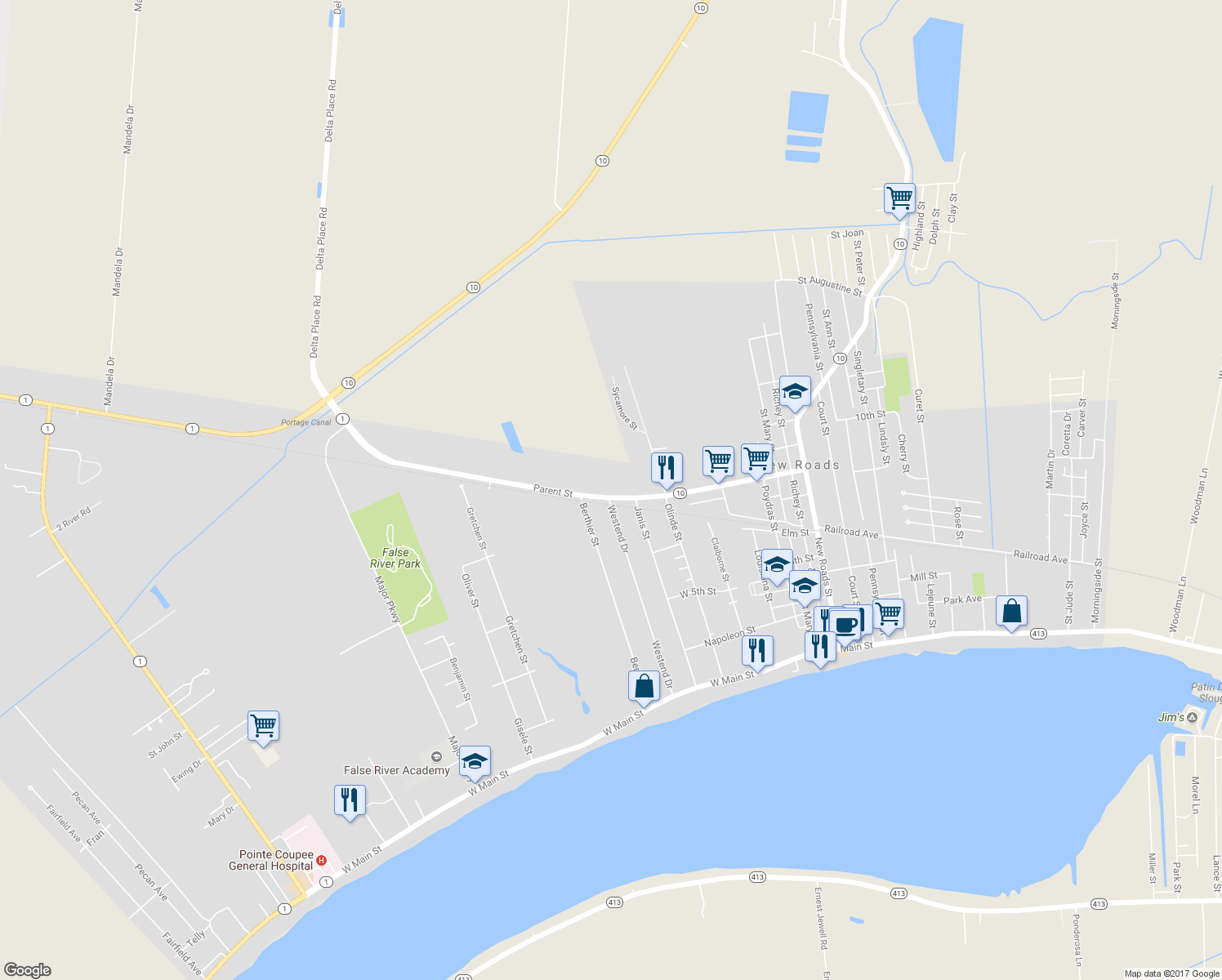 map of restaurants, bars, coffee shops, grocery stores, and more near 1010 Parent Street in New Roads