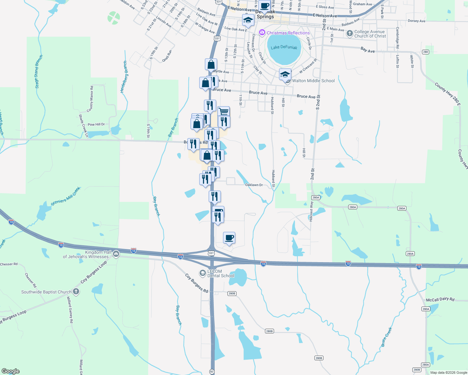 map of restaurants, bars, coffee shops, grocery stores, and more near 88 Oaklawn Square in DeFuniak Springs