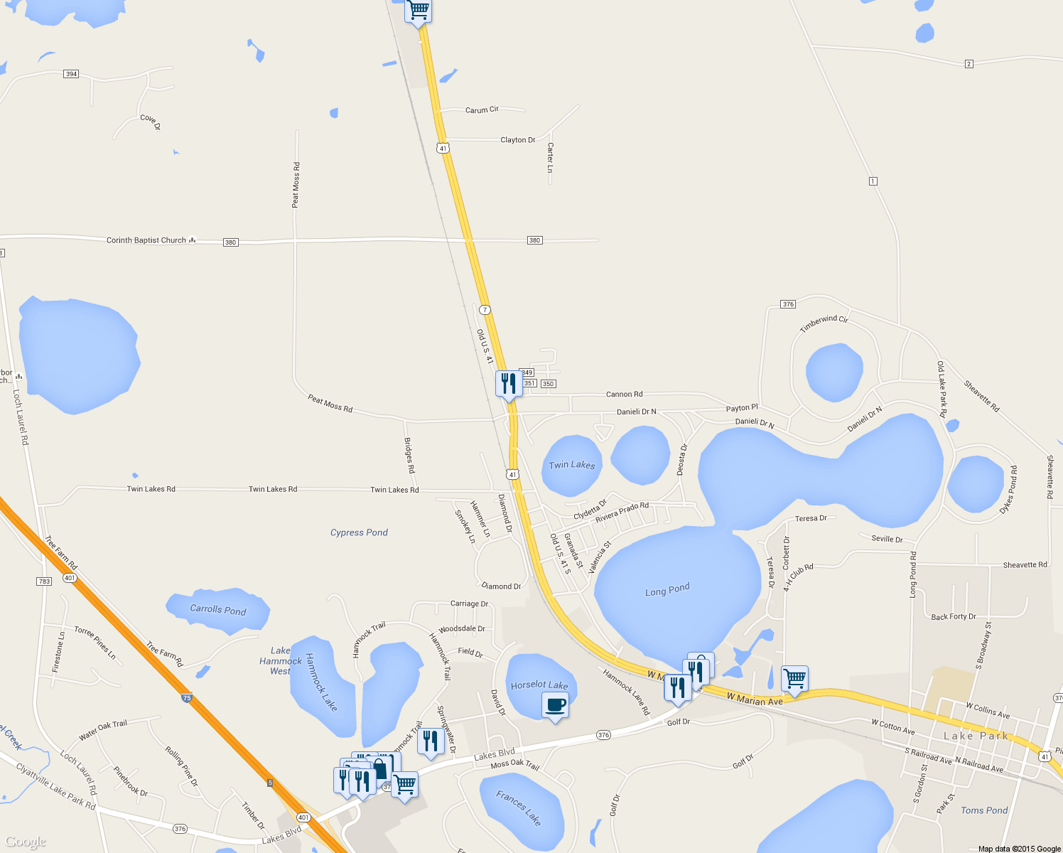 map of restaurants, bars, coffee shops, grocery stores, and more near 5215 Mary Hart Circle in Lake Park