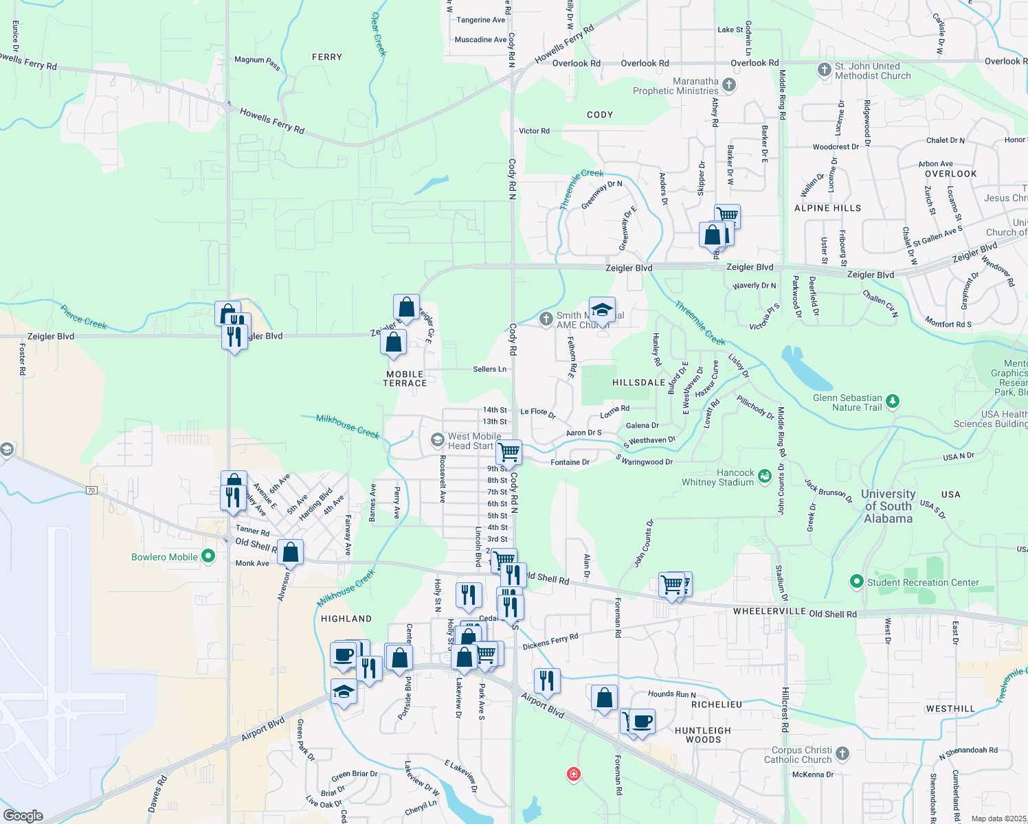 map of restaurants, bars, coffee shops, grocery stores, and more near 598 County Road 37 in Mobile