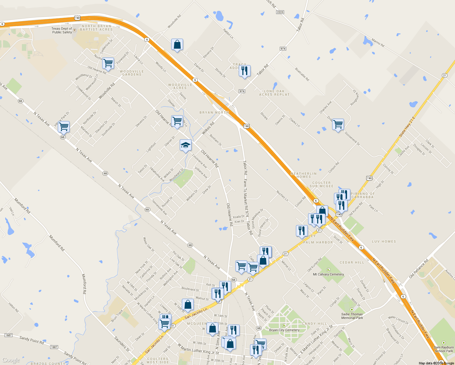 map of restaurants, bars, coffee shops, grocery stores, and more near 2712 Hefti Circle in Bryan