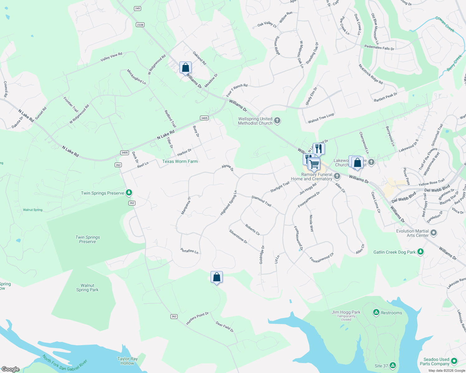 map of restaurants, bars, coffee shops, grocery stores, and more near 703 Highland Spring Lane in Georgetown
