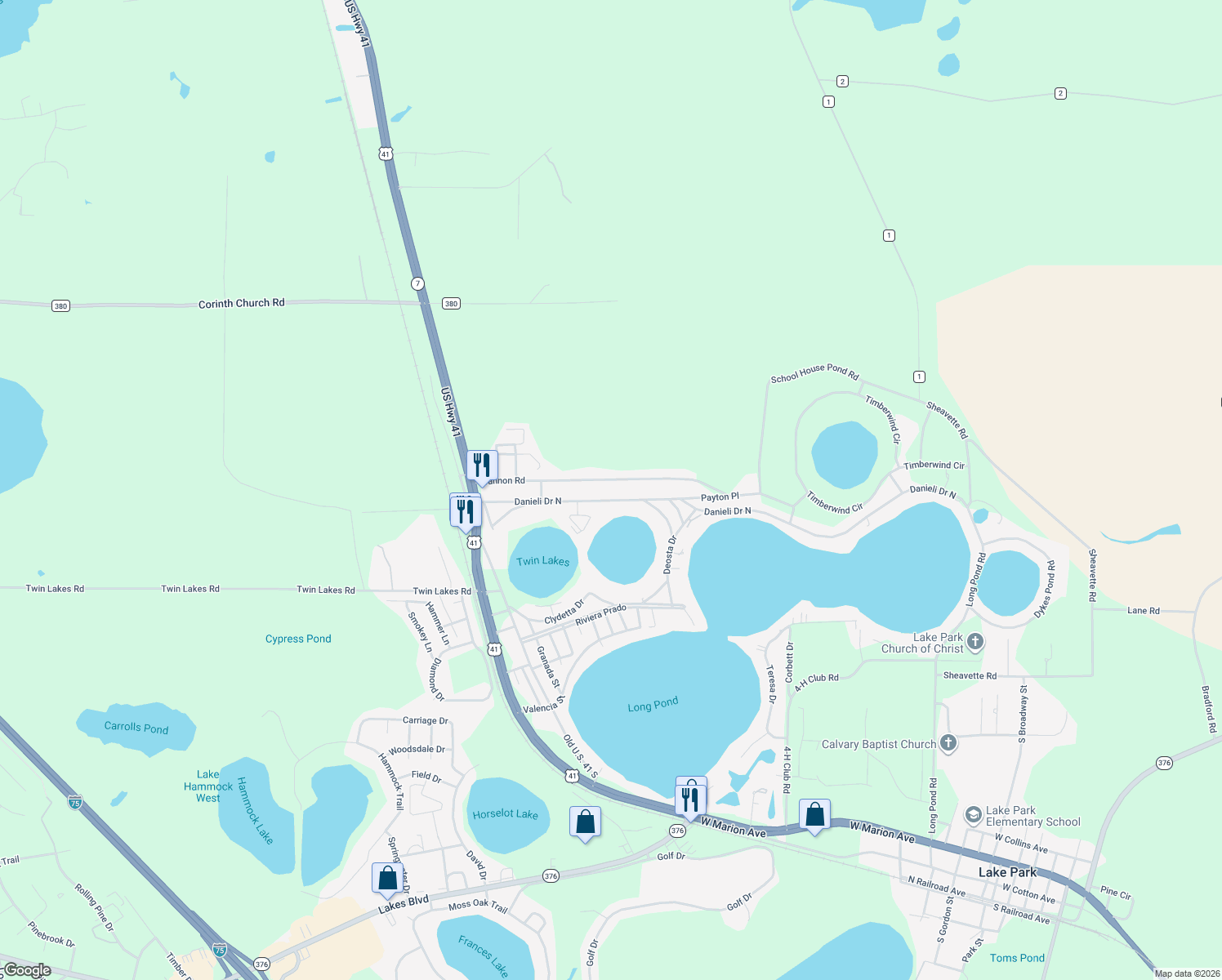 map of restaurants, bars, coffee shops, grocery stores, and more near 5267 Danieli Drive North in Lake Park