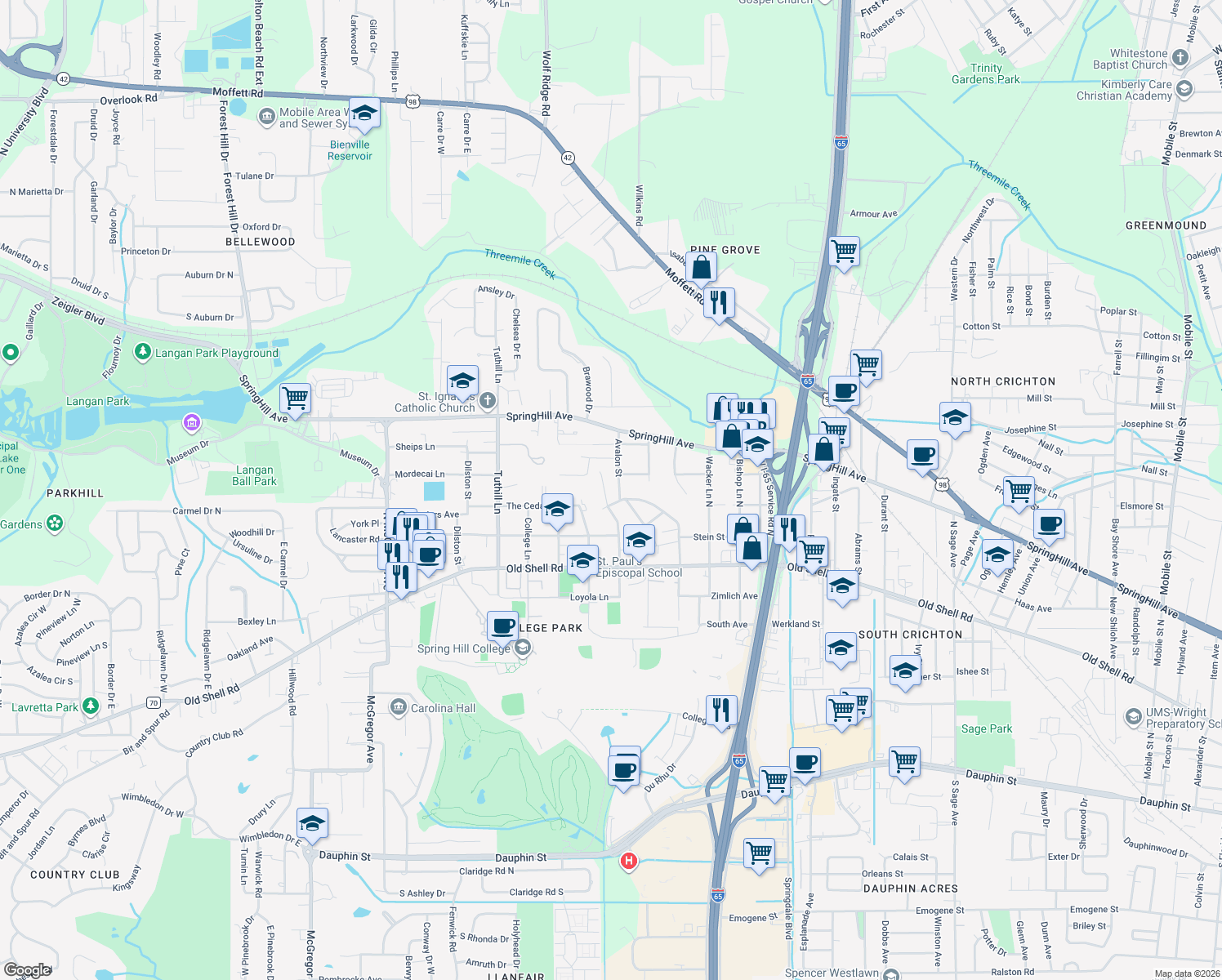map of restaurants, bars, coffee shops, grocery stores, and more near 134 Myrtlewood Lane in Mobile