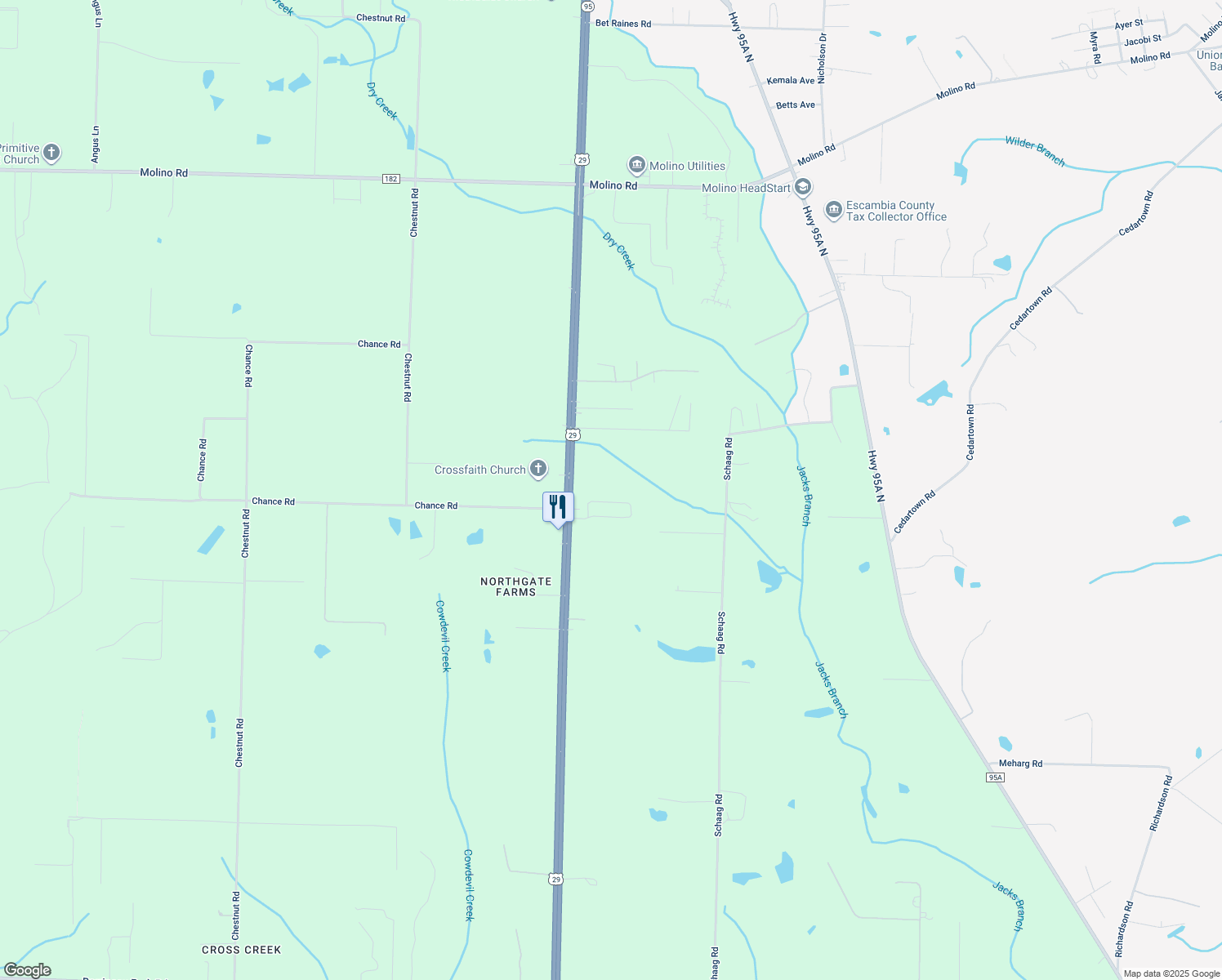map of restaurants, bars, coffee shops, grocery stores, and more near 5684 U.S. 29 in Molino