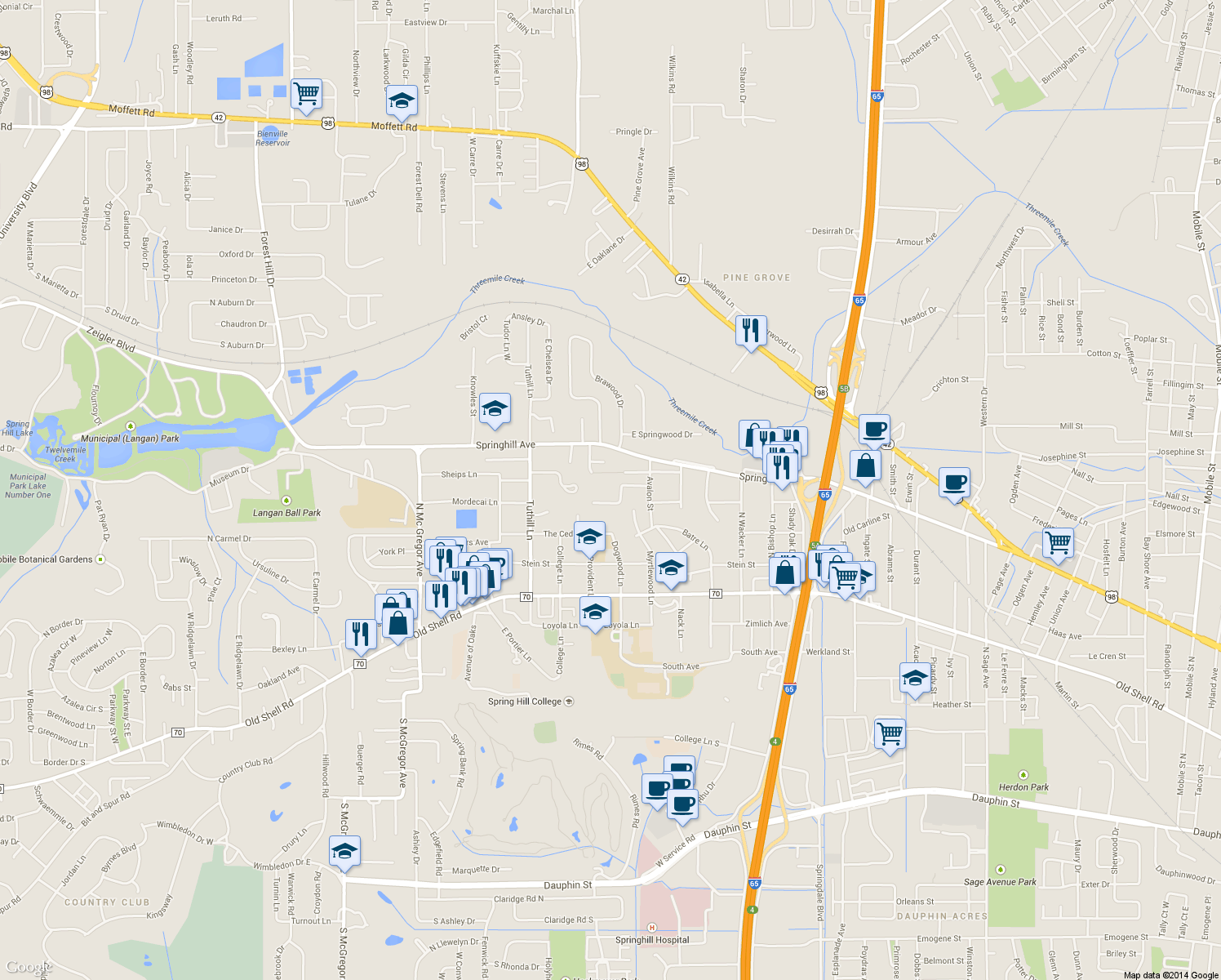 map of restaurants, bars, coffee shops, grocery stores, and more near 3700 Linden Lane in Mobile