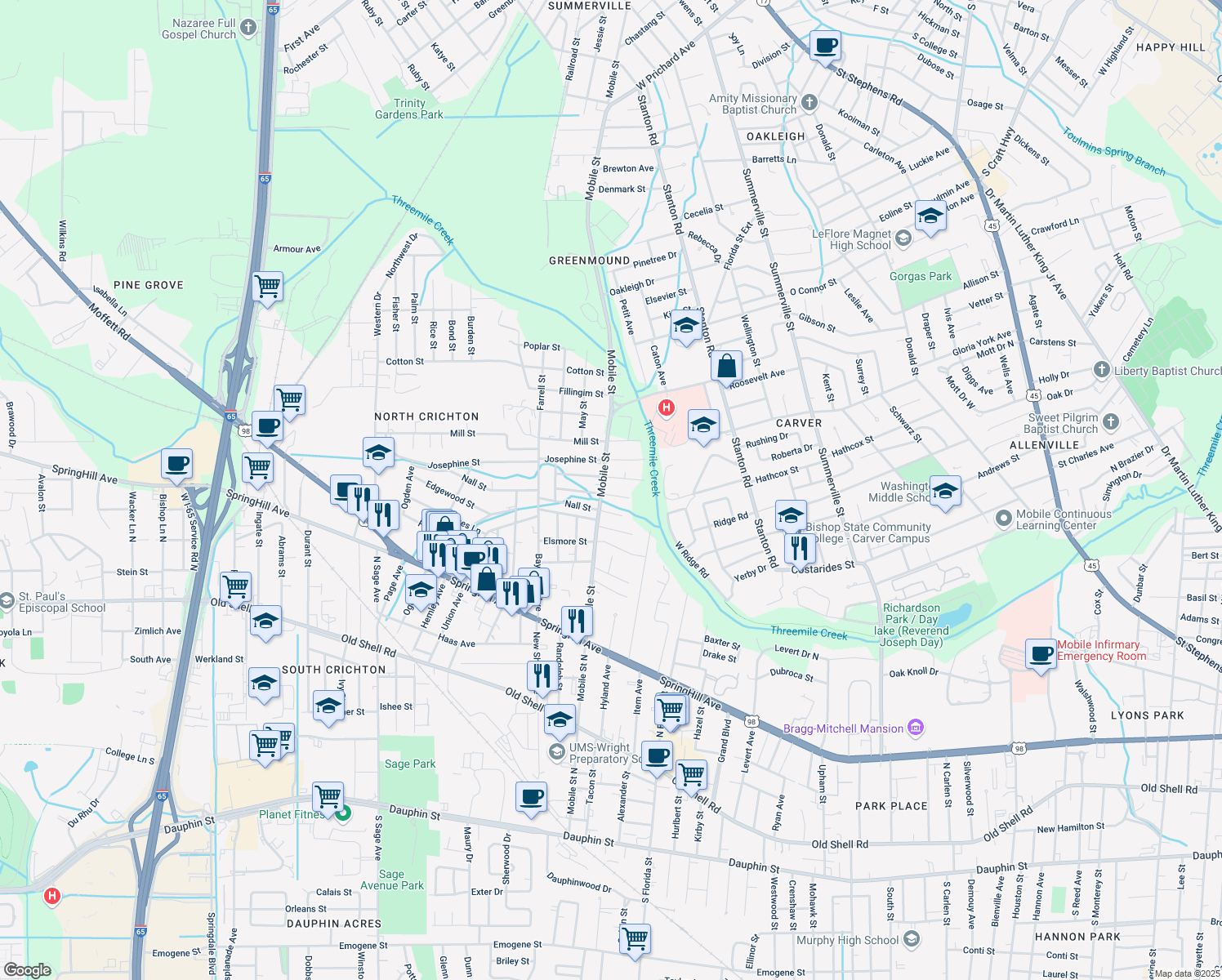 map of restaurants, bars, coffee shops, grocery stores, and more near 2672 Betbeze Street in Mobile