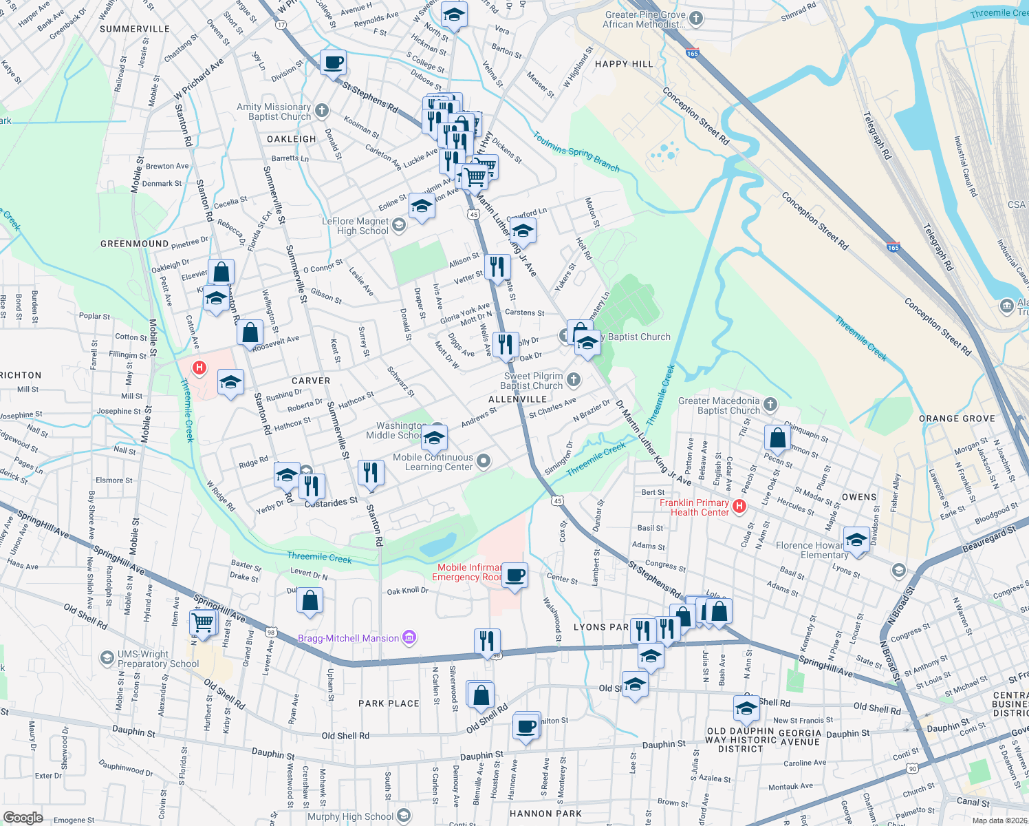 map of restaurants, bars, coffee shops, grocery stores, and more near 1907 Saint Stephens Road in Mobile