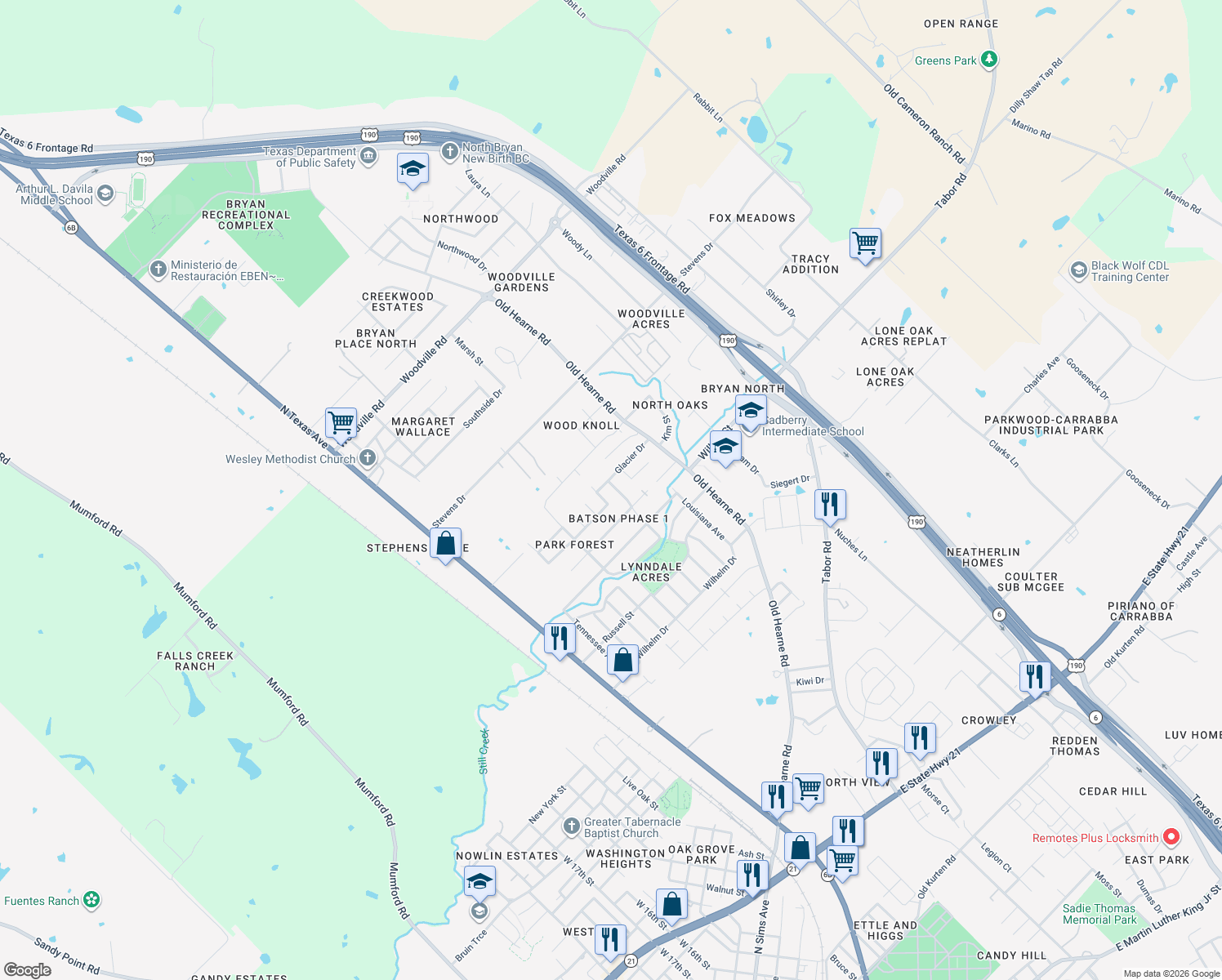 map of restaurants, bars, coffee shops, grocery stores, and more near 3323 Missouri Ave in Bryan