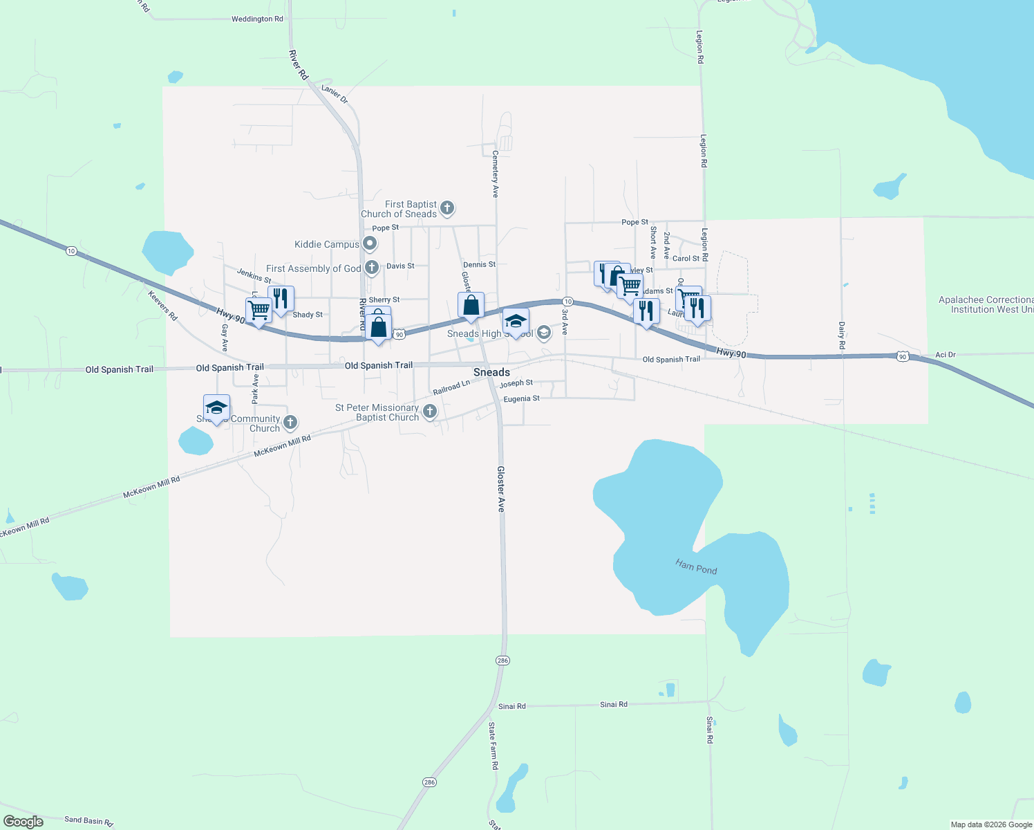 map of restaurants, bars, coffee shops, grocery stores, and more near 1961 Dora Avenue in Sneads