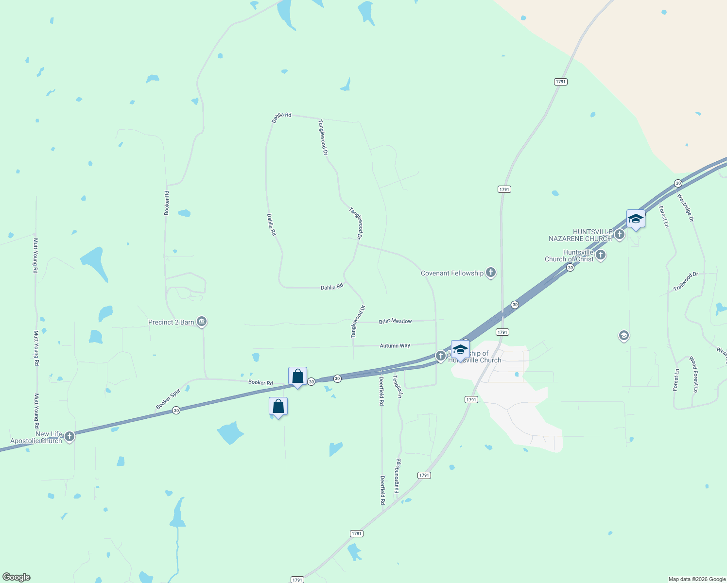 map of restaurants, bars, coffee shops, grocery stores, and more near 70 Tanglewood Drive in Huntsville