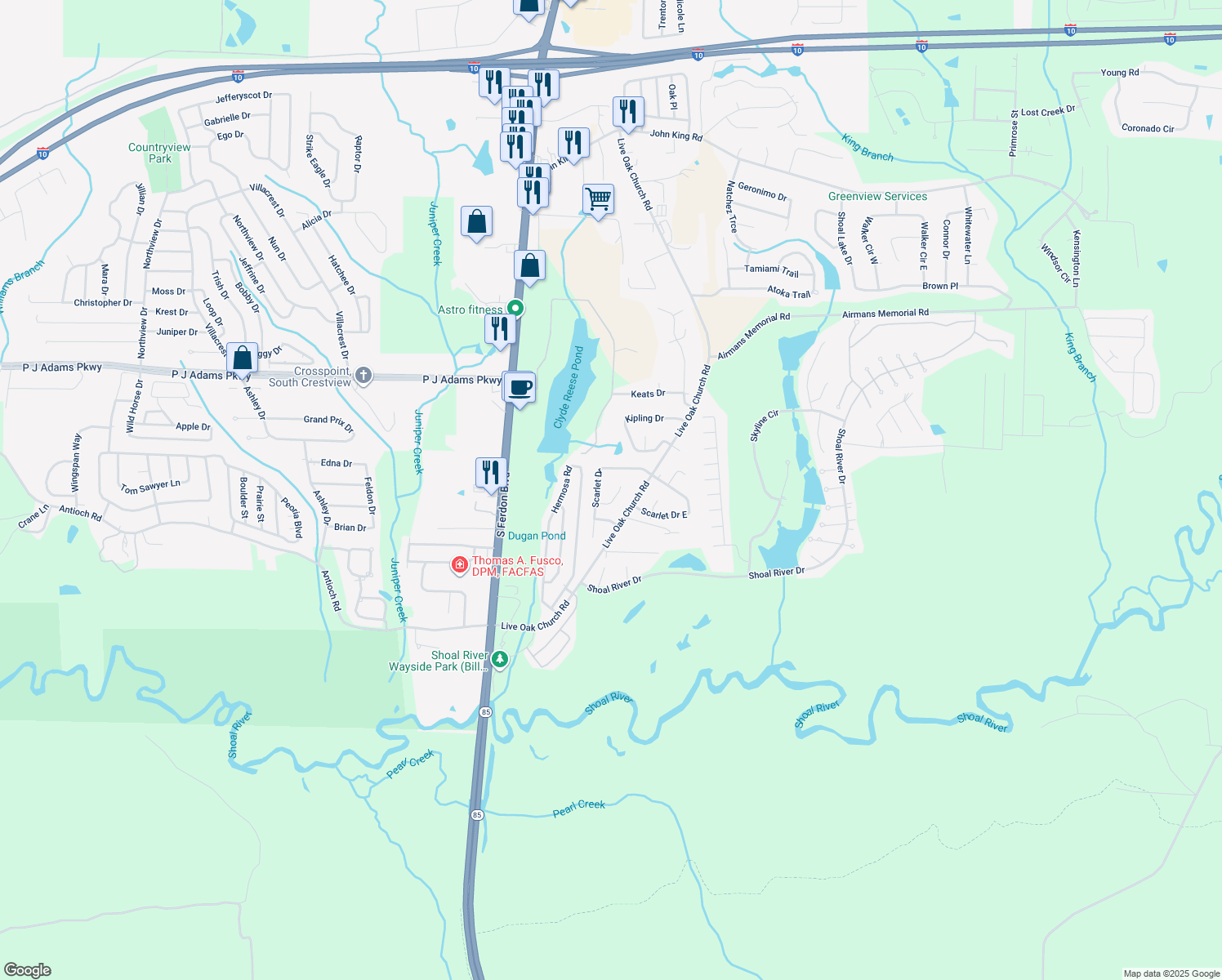 map of restaurants, bars, coffee shops, grocery stores, and more near 2784 Willow Bend Court in Crestview