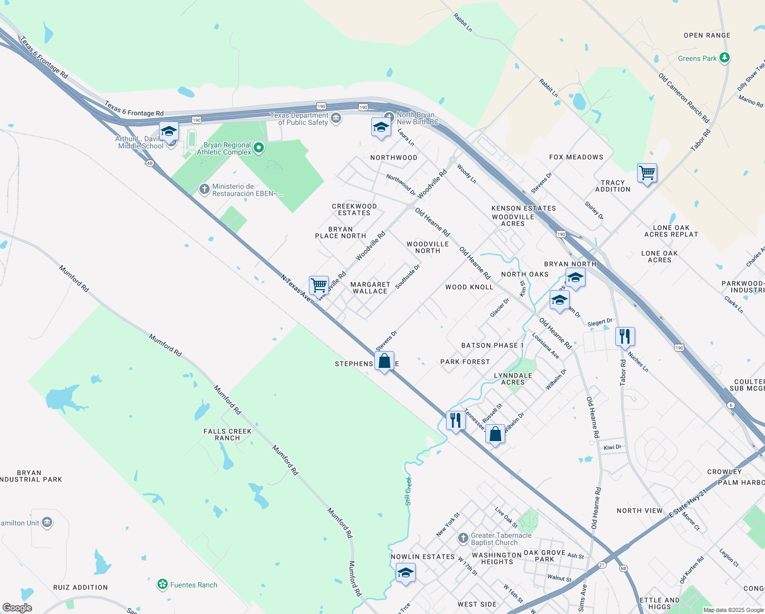 map of restaurants, bars, coffee shops, grocery stores, and more near 2215 Southside Dr in Bryan