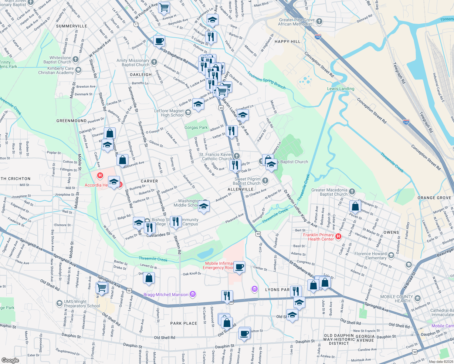 map of restaurants, bars, coffee shops, grocery stores, and more near 1855 Saint Stephens Court in Mobile