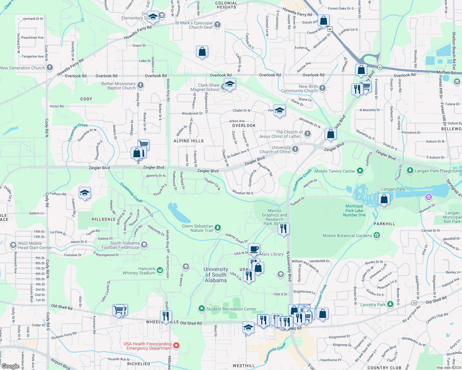 map of restaurants, bars, coffee shops, grocery stores, and more near 856 Montfort Road West in Mobile