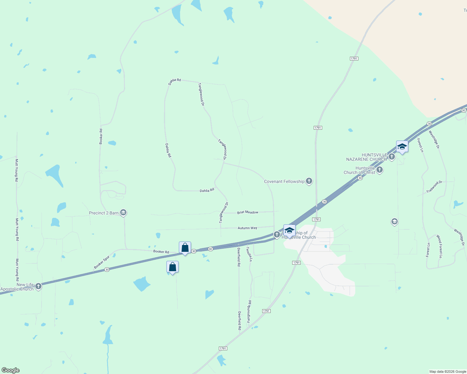 map of restaurants, bars, coffee shops, grocery stores, and more near 30 Rose Hill Court in Huntsville