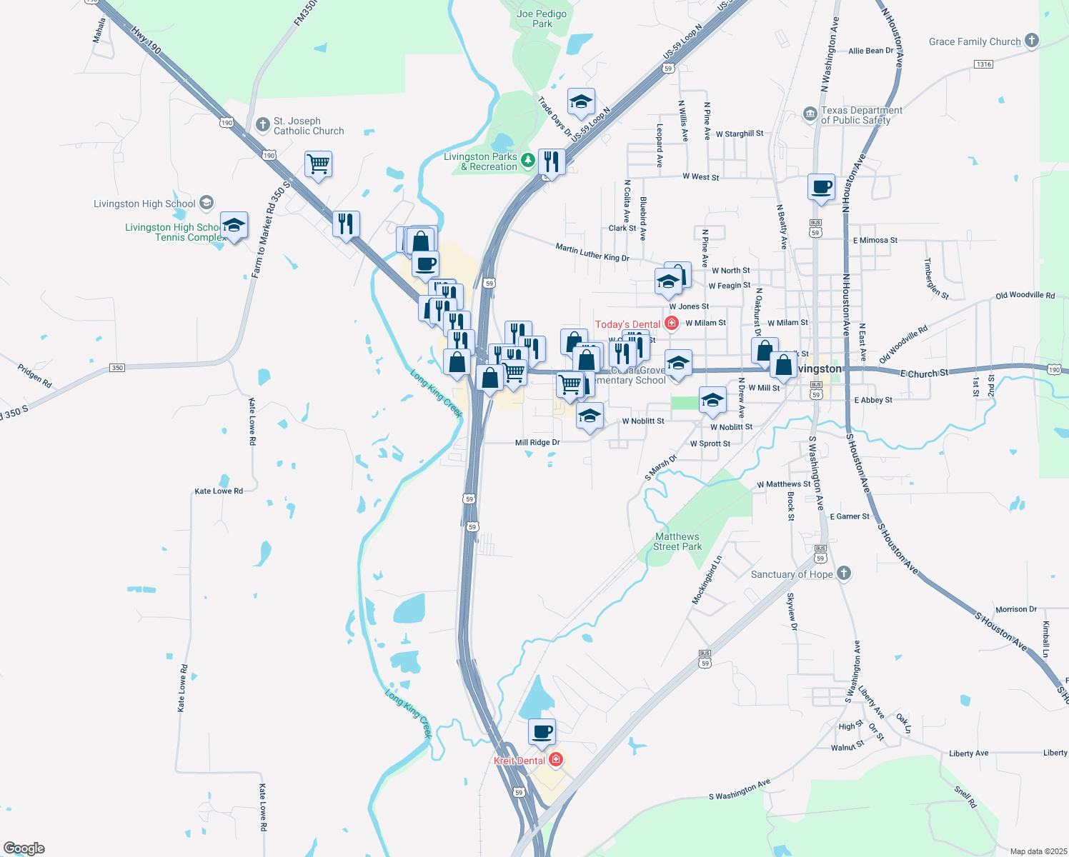 map of restaurants, bars, coffee shops, grocery stores, and more near 1410 Andover Lane in Livingston