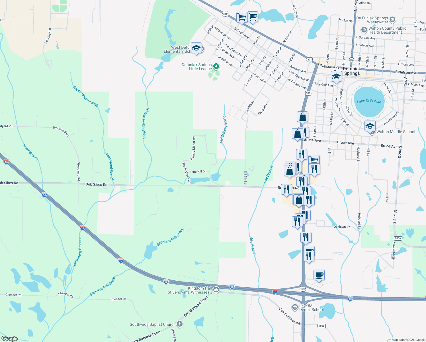 map of restaurants, bars, coffee shops, grocery stores, and more near 182 Teelinville Drive in DeFuniak Springs