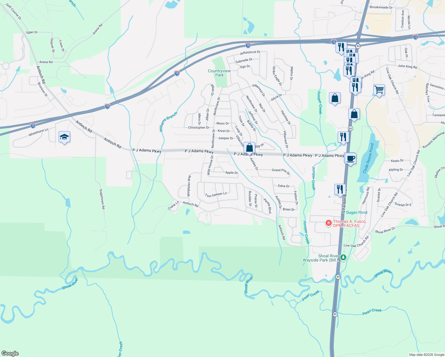 map of restaurants, bars, coffee shops, grocery stores, and more near 328 Riverchase Boulevard in Crestview
