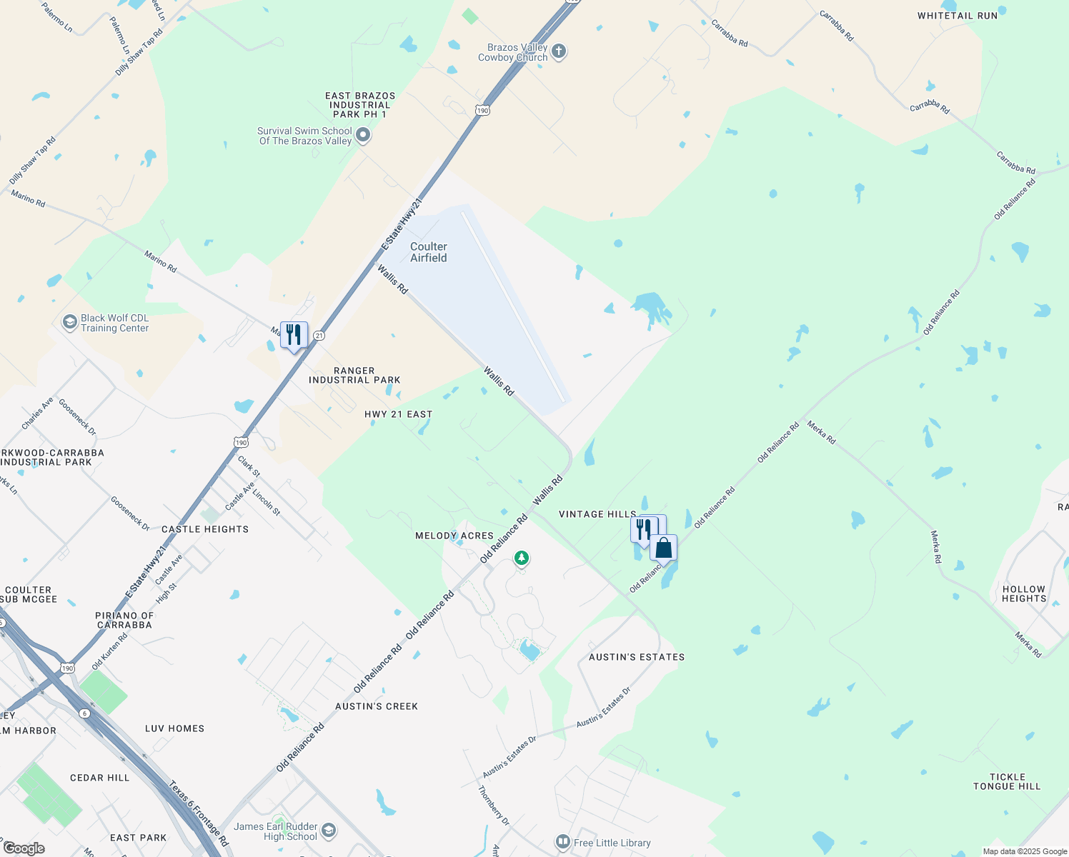 map of restaurants, bars, coffee shops, grocery stores, and more near 4925 Wallis Rd in Bryan