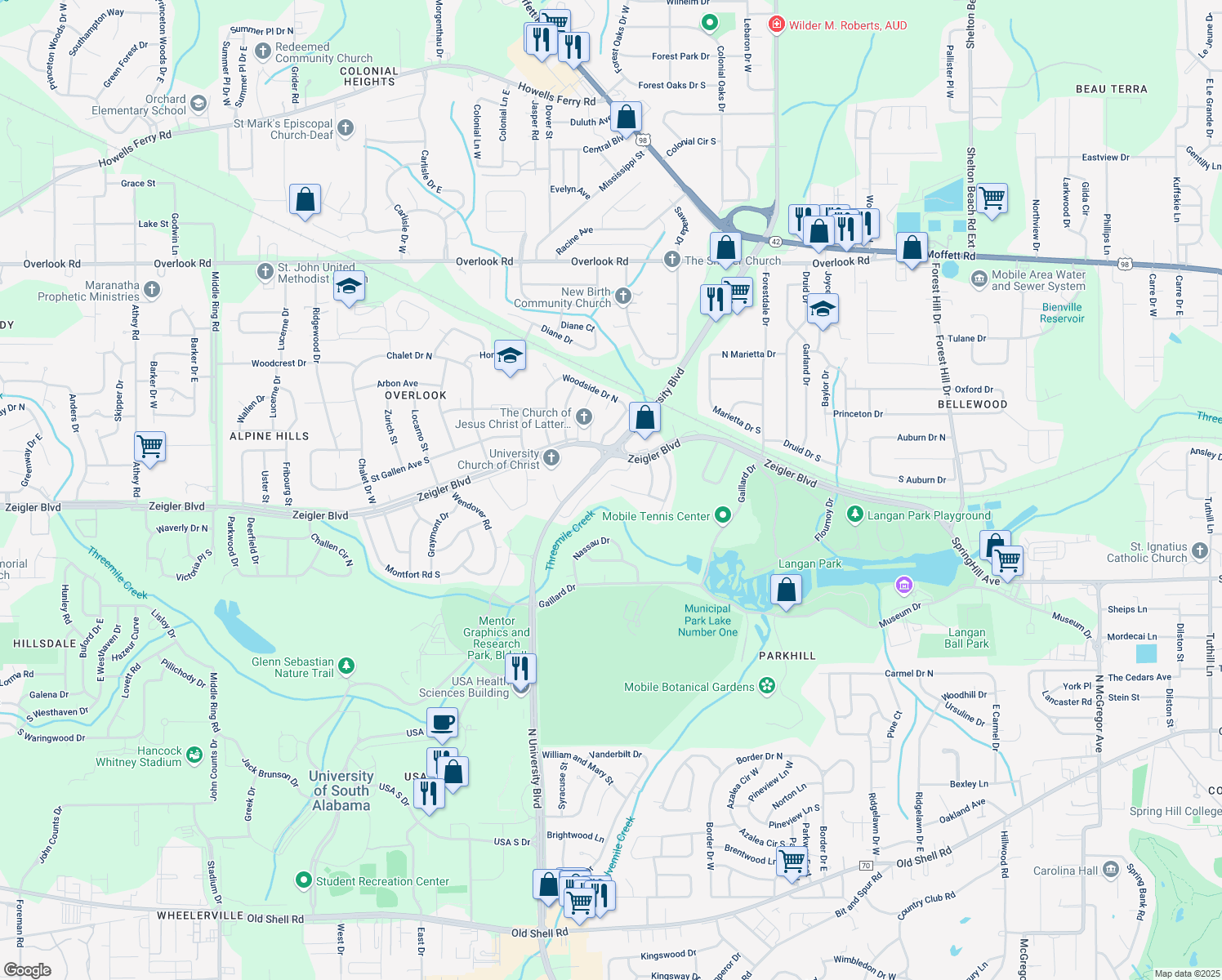map of restaurants, bars, coffee shops, grocery stores, and more near 5473 Ardell Drive in Mobile