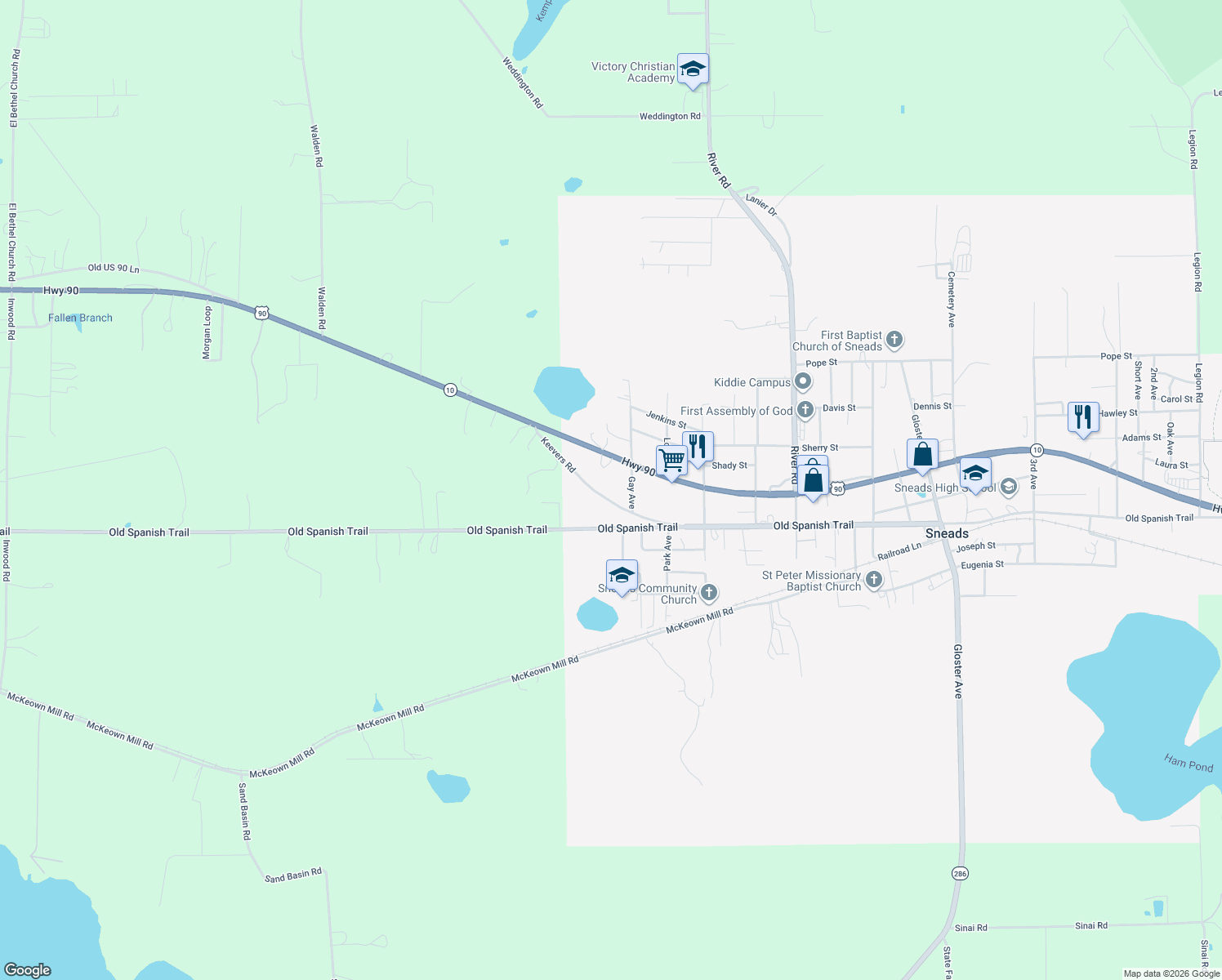 map of restaurants, bars, coffee shops, grocery stores, and more near 7830 Keevers Road in Sneads