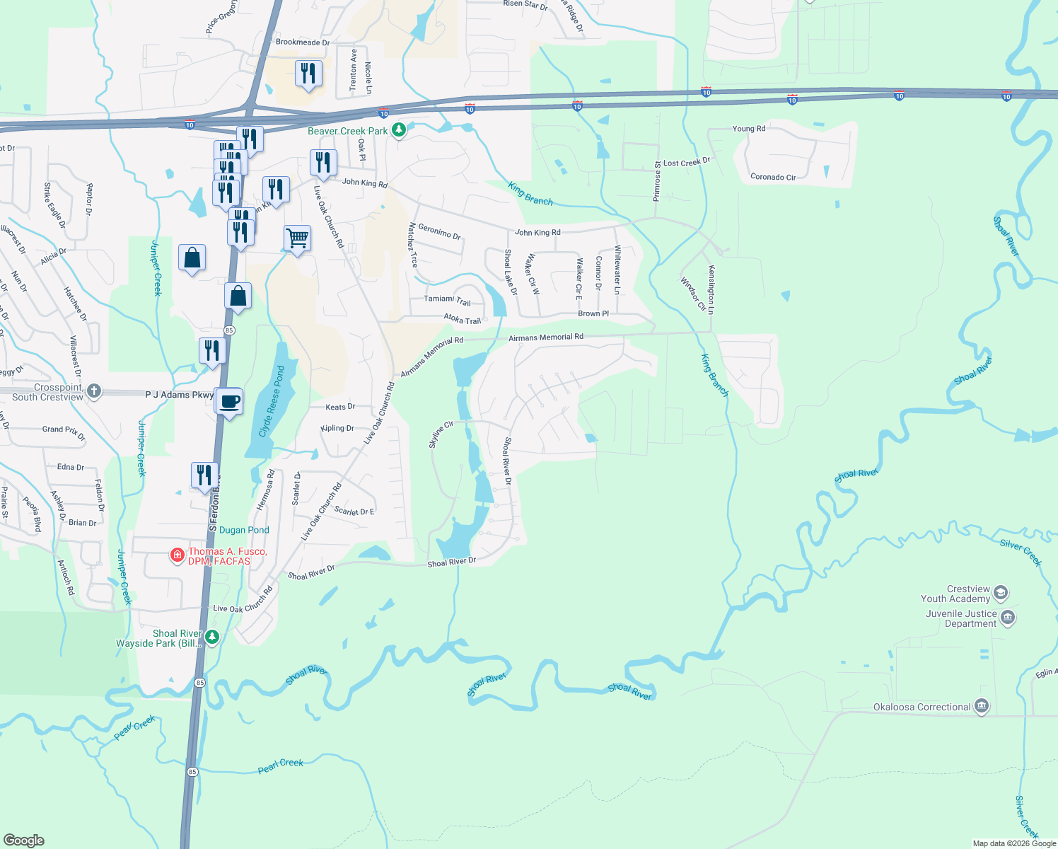 map of restaurants, bars, coffee shops, grocery stores, and more near 2912 Chancery Lane in Crestview