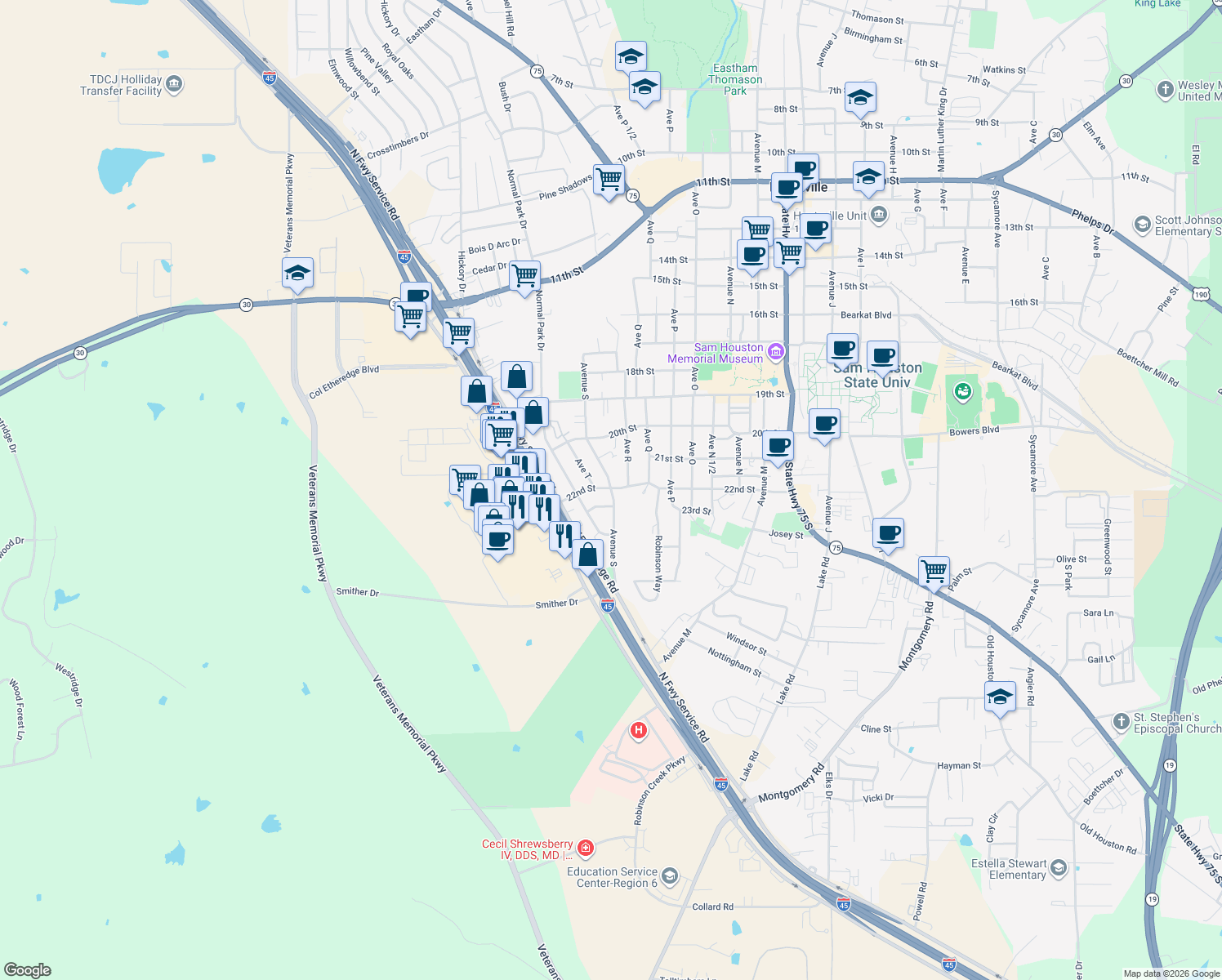 map of restaurants, bars, coffee shops, grocery stores, and more near 2210 Avenue S in Huntsville