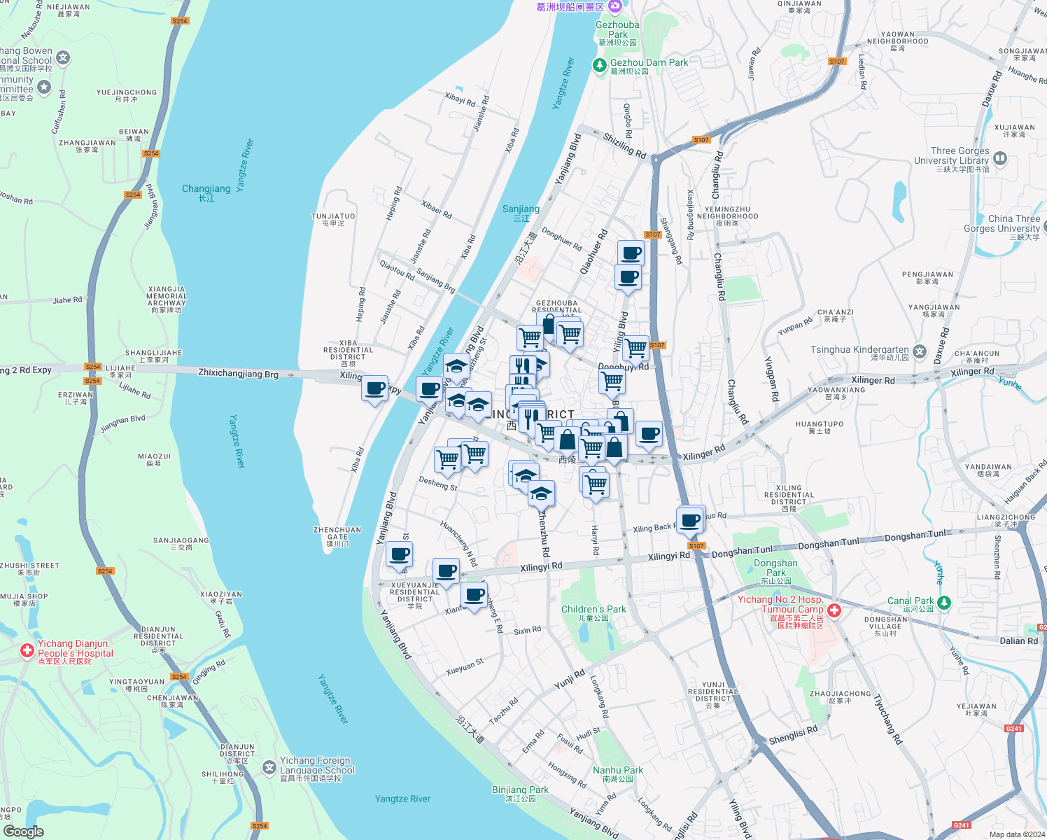 map of restaurants, bars, coffee shops, grocery stores, and more near in Yichang