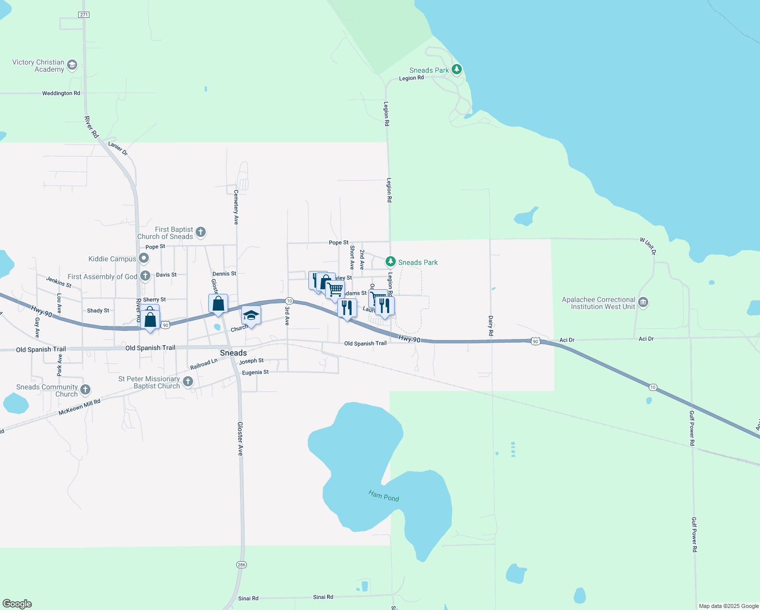 map of restaurants, bars, coffee shops, grocery stores, and more near 8178 Laura Street in Sneads