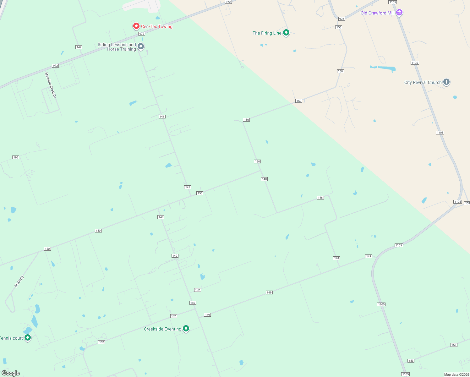 map of restaurants, bars, coffee shops, grocery stores, and more near 2680 Co Road 150 in Georgetown
