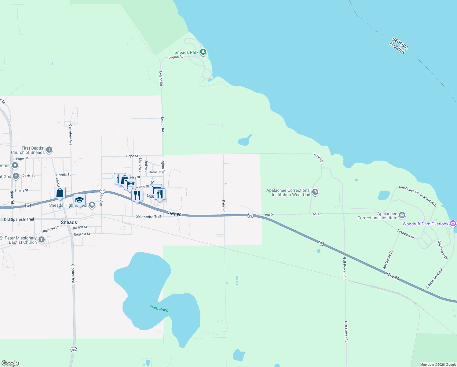 map of restaurants, bars, coffee shops, grocery stores, and more near 2044 Dairy Road in Sneads