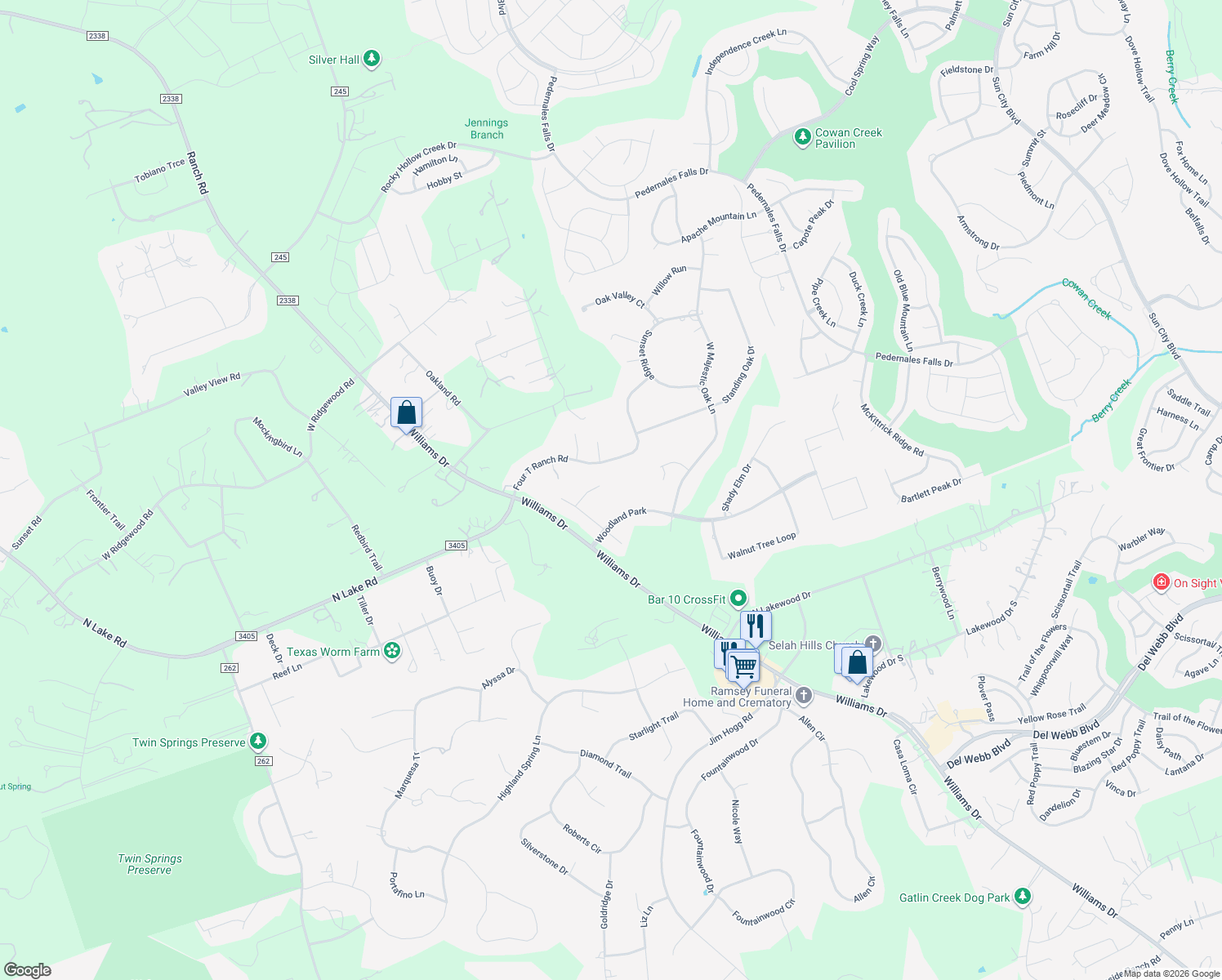 map of restaurants, bars, coffee shops, grocery stores, and more near 106 Shady Grove in Georgetown