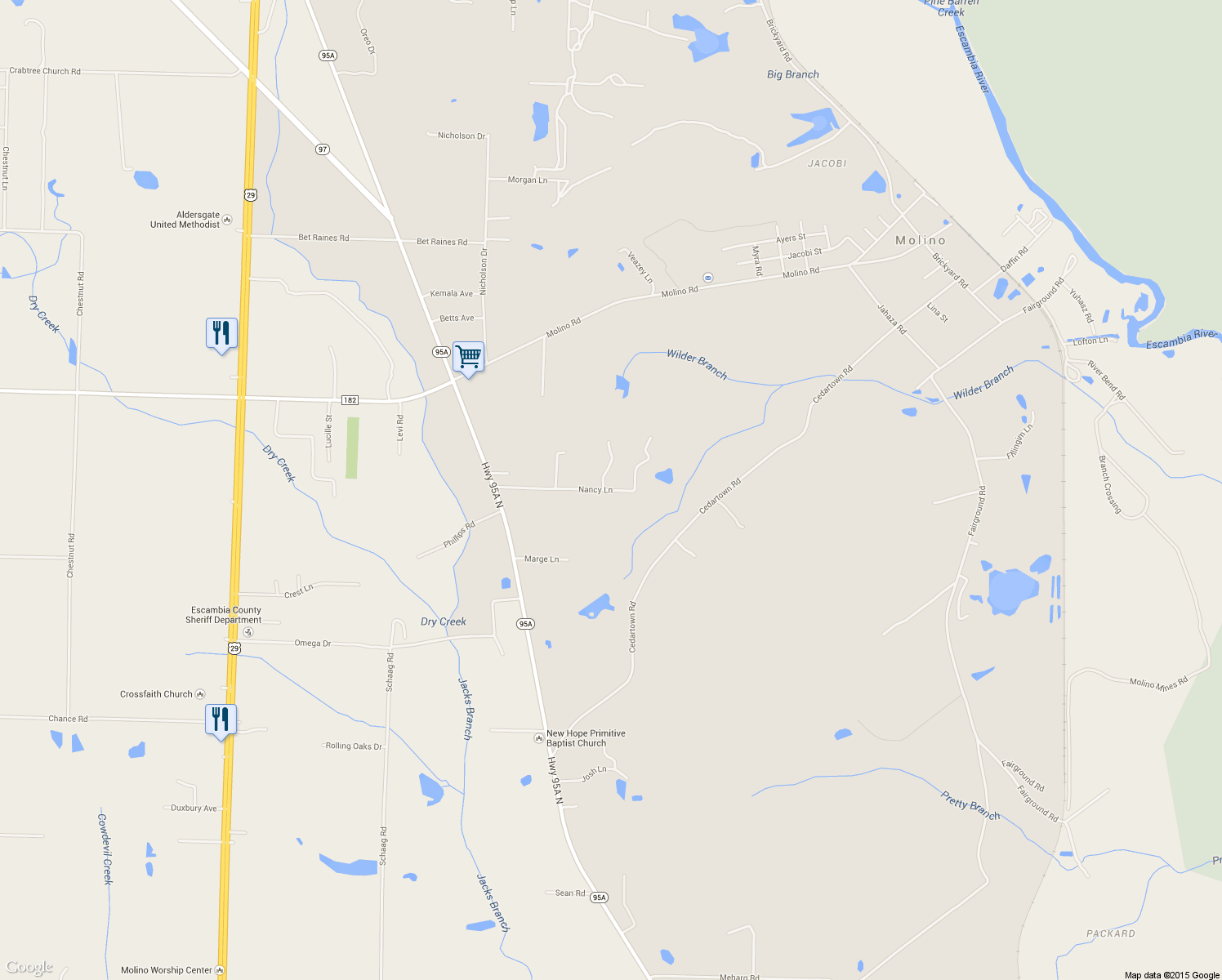 map of restaurants, bars, coffee shops, grocery stores, and more near 730 Nancy Lane in Molino