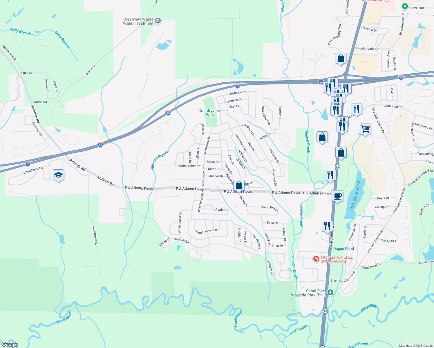 map of restaurants, bars, coffee shops, grocery stores, and more near 408 Juniper Drive in Crestview