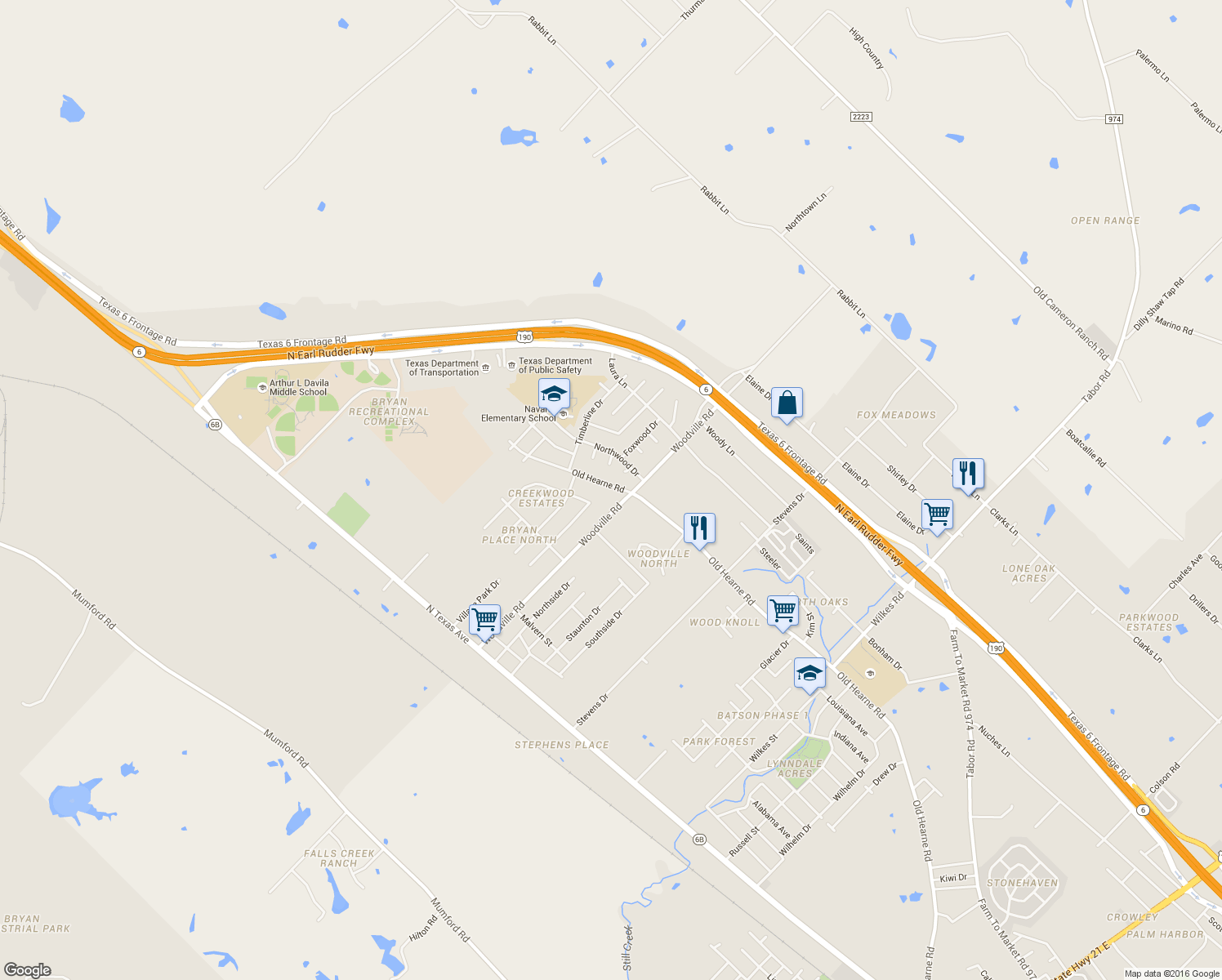 map of restaurants, bars, coffee shops, grocery stores, and more near 4404 Old Hearne Road in Bryan