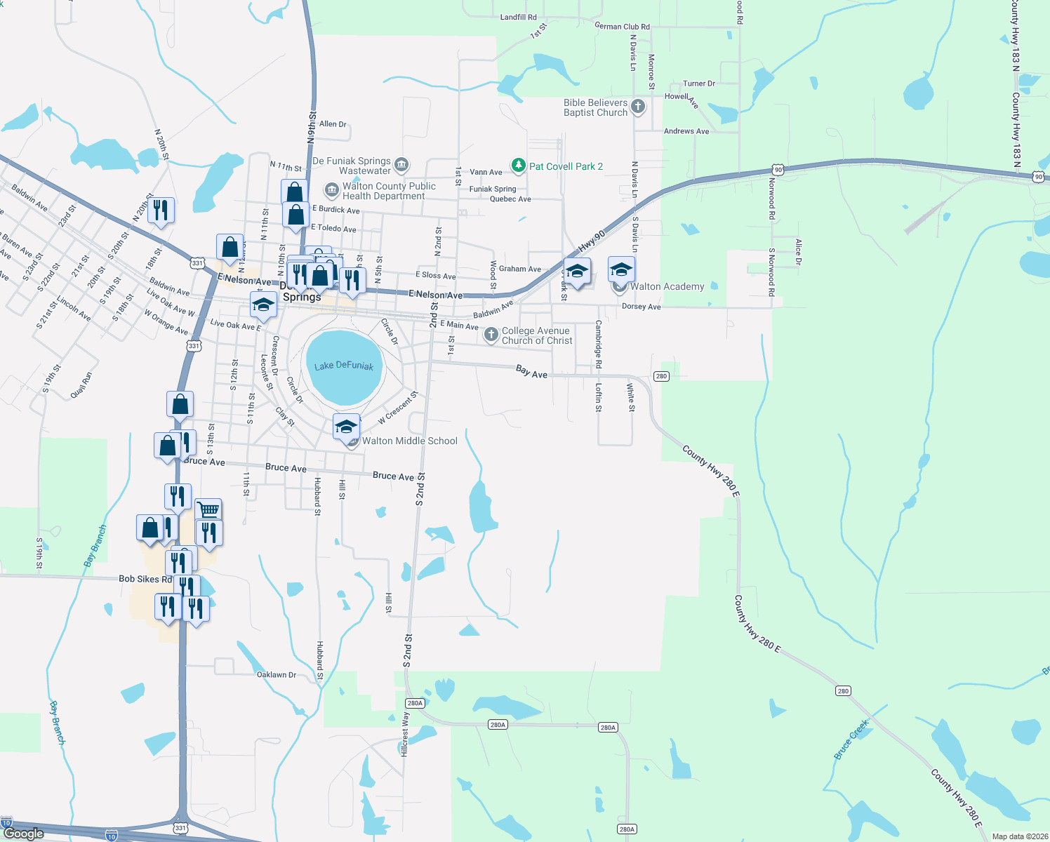 map of restaurants, bars, coffee shops, grocery stores, and more near 349 Meadowbrook Lane in DeFuniak Springs