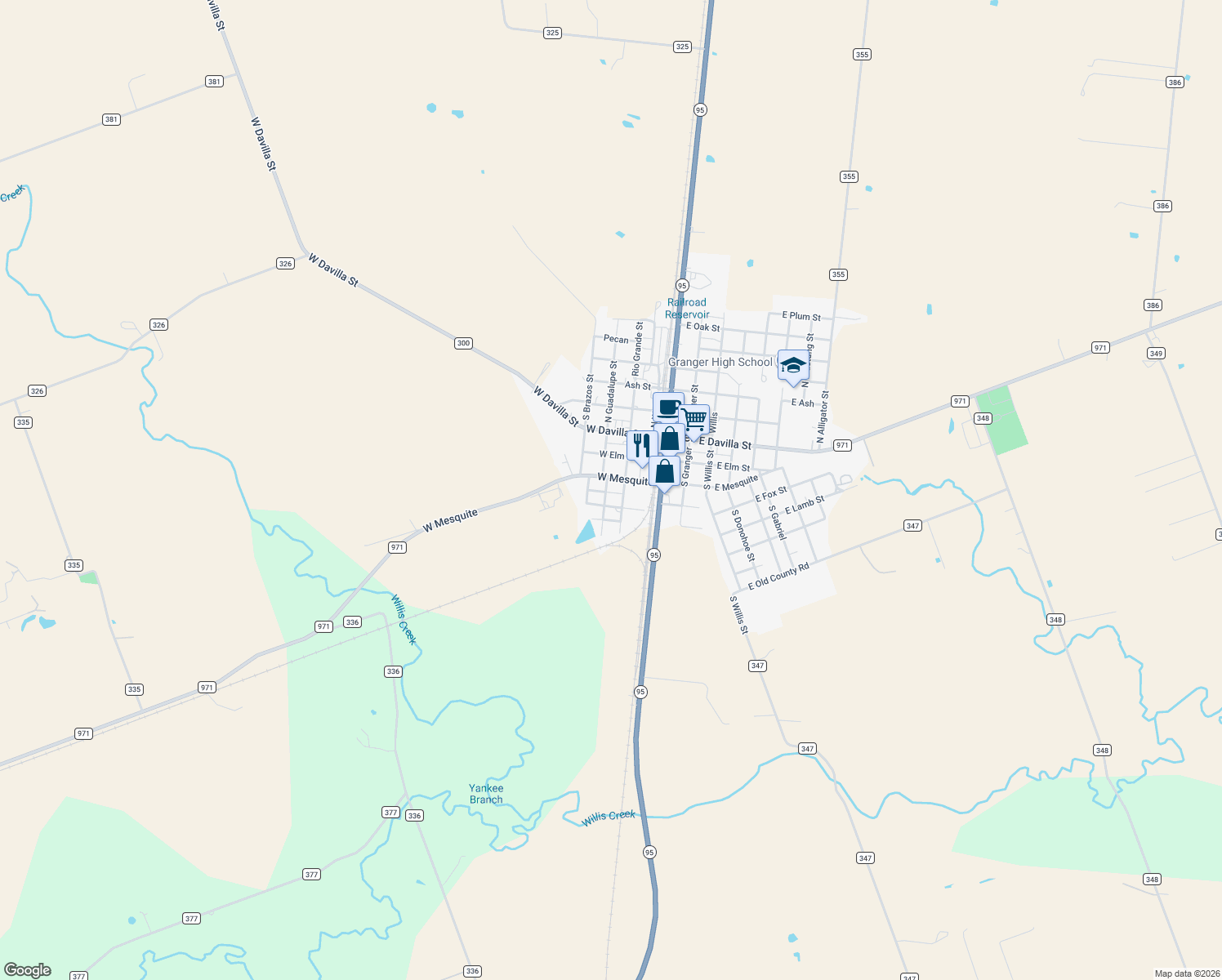 map of restaurants, bars, coffee shops, grocery stores, and more near 303 South Guadalupe Street in Granger