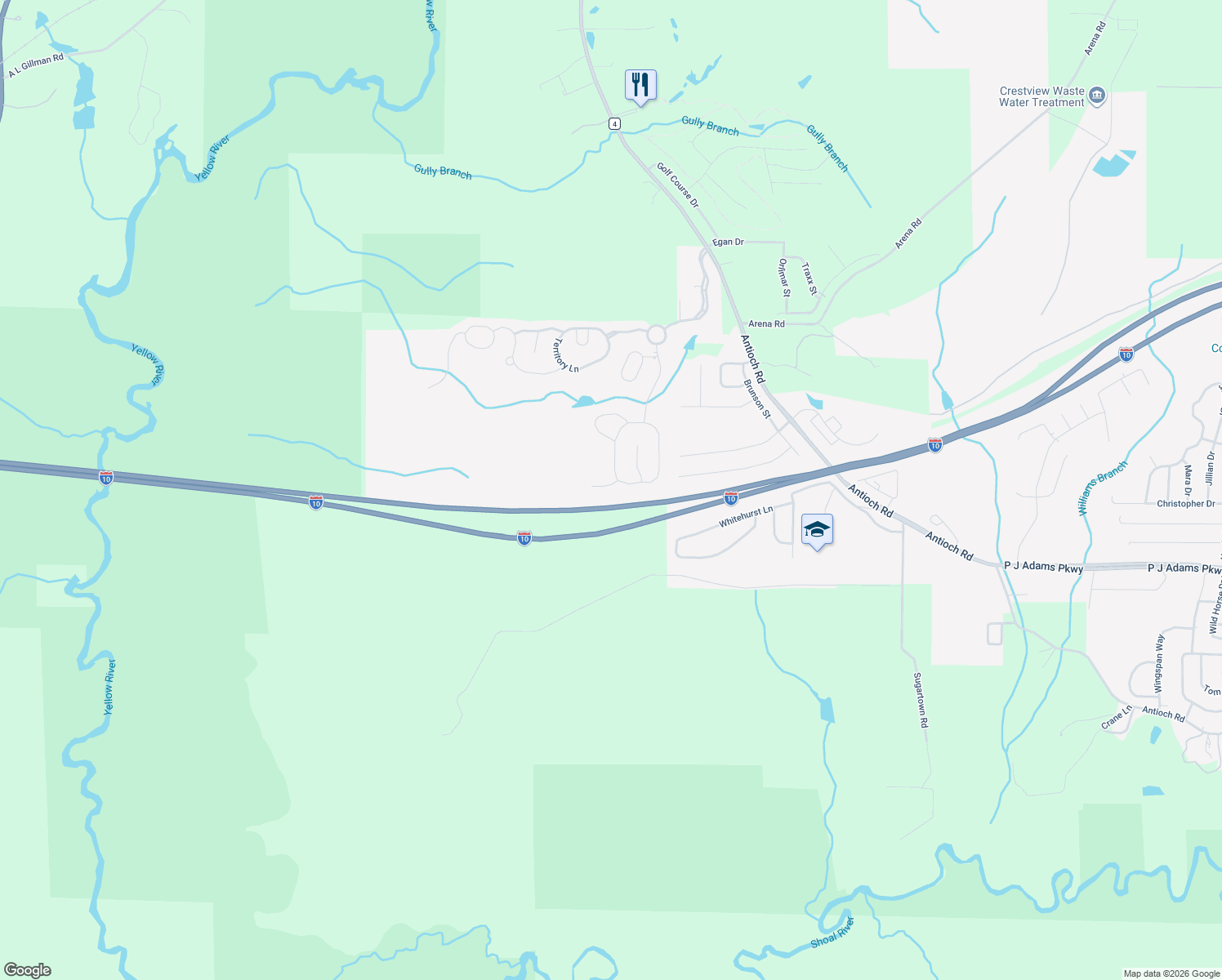 map of restaurants, bars, coffee shops, grocery stores, and more near 106 Traverse Lane in Crestview